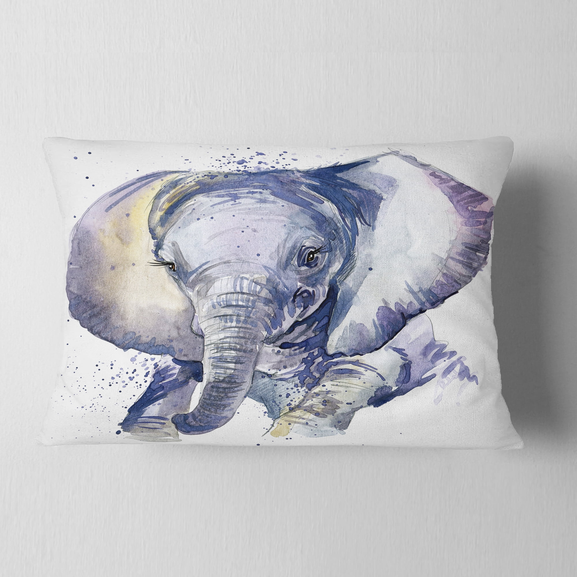Designart Baby Elephant Blue Watercolor - Abstract Throw Pillow - 12x20