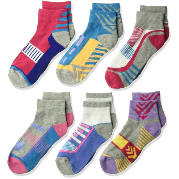 Jefferies Socks Girl's Tech Sport Colorful Pattern Quarter Half Cushion Socks 6 Pair Pack, Multi, Medium