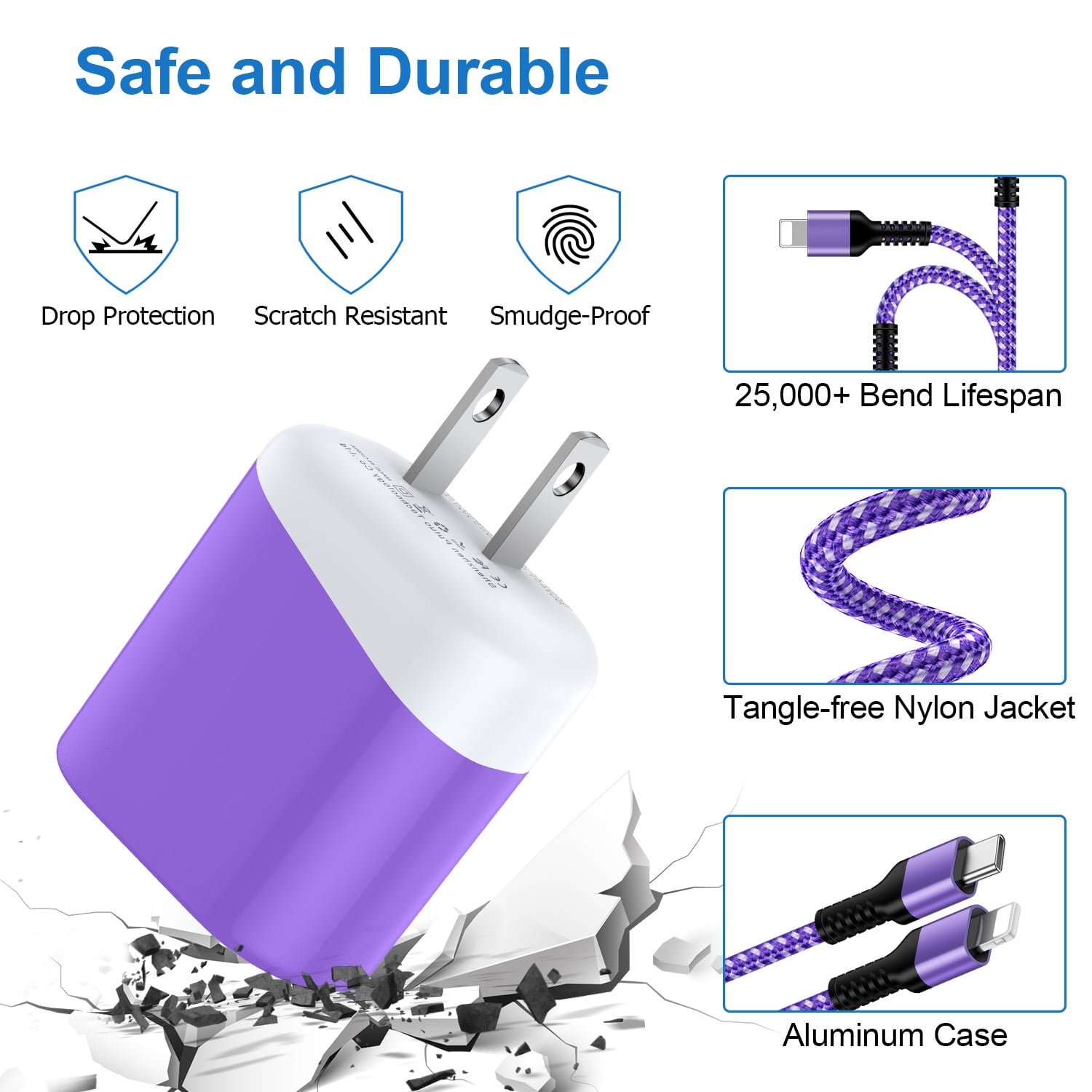 Compatible for iPhone Charger Fast Charging, 3 Pack 20W PD USB C Charger Block+USB C to Charging Cord 6FT, Type C Wall Charger Adapter USB C Brick Phone Charging Cord Compatible for iPhone, Purple