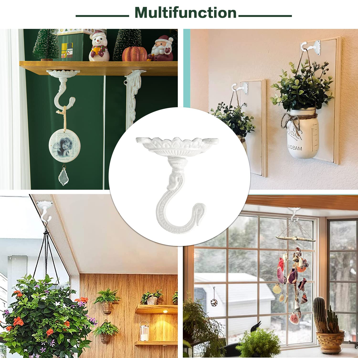Sungmor Ceiling Hooks for Hanging Plants, 2PC White Cast Iron Ceiling Hooks, Antique Decorative Ceiling Swag Hooks for Hanging Planter Chandelier Wind Chime Lantern Hanger