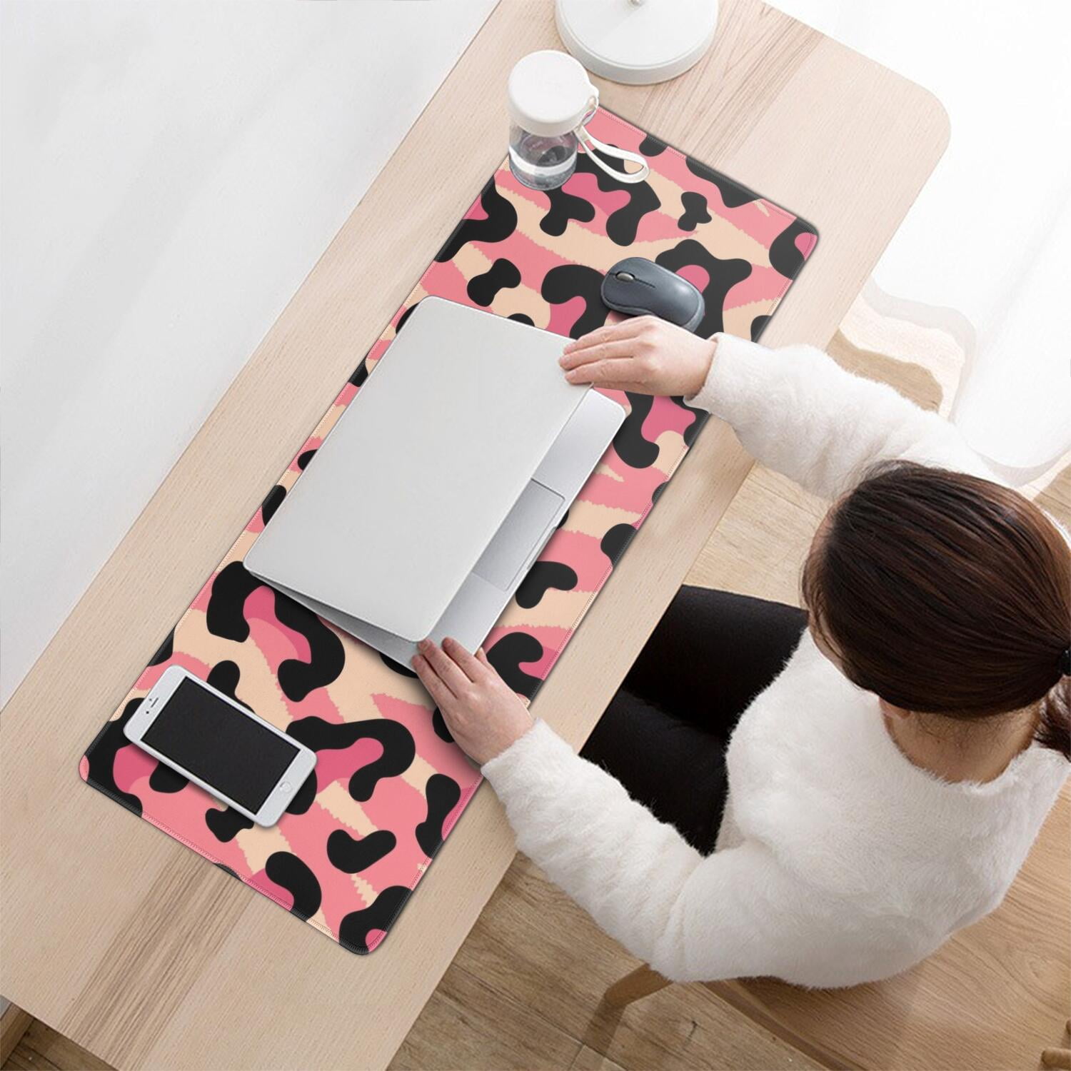 Long Mouse Pads for Desk,Pink and Black Of Leopard Print Desk Mats on Top Of Desks, Desk Mouse Pad Extra Large with 3mm Non-Slip Base and Stitched Edge for Gaming,Office,Work,Home 31.5"x11.8"