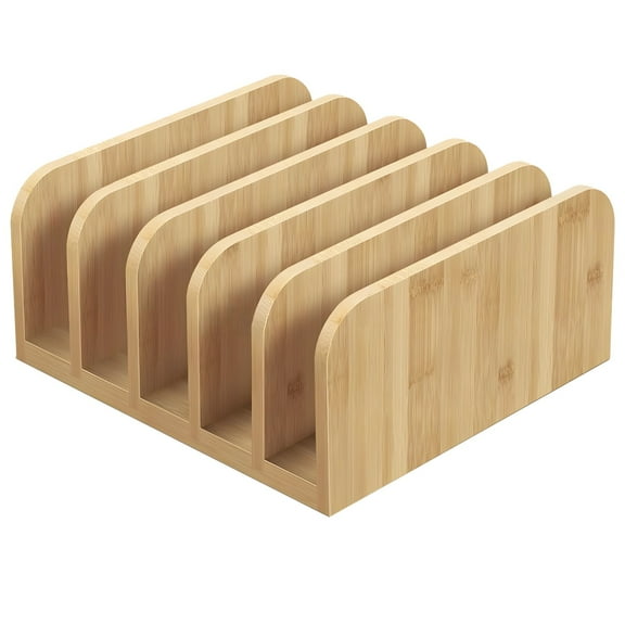 Wooden File Organizer Rack, Portable Desk Document Holder with 5 Slots, Book and Folder Storage Stand, 6.4 x 6.1 x 3 in, Compact Wood Desk Organizer for Office Home School, Easy Access Divider Shelf