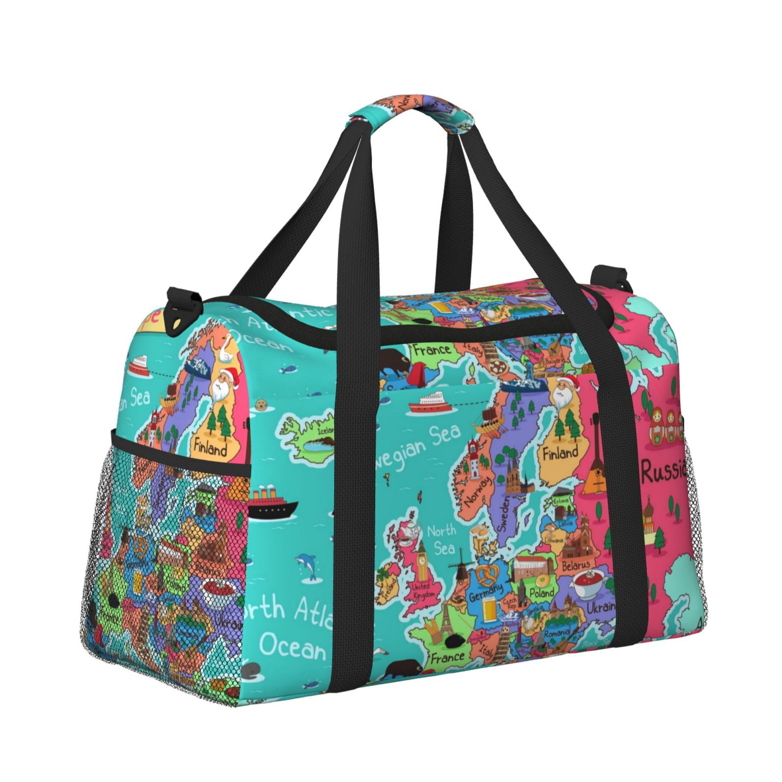 Fuzoiu Cartoon Map Of Europe Print Travel Duffle Bag,Carry On Tote Bags,Duffel Bag,Sport Gym Bag, Hospital Bag for Labor and Delivery, Overnight Bag,Luggage Bag