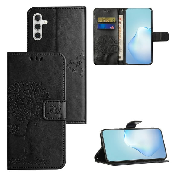 for Samsung Galaxy A14 5G (6.6" 2023) PU Leather Case with Embossed Tree, [Kickstand & Card Slots & Lanyard] Anti-fall Shockproof Full-body Protective for Girls Women, Black
