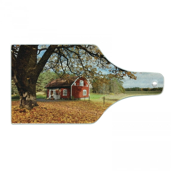 Fall Cutting Board, Quaint Traditional Red Swedish House Tranquil Environment Cottage Countryside Woods, Tempered Glass Cutting and Serving Board, Wine Bottle Shape, Multicolor, by Ambesonne