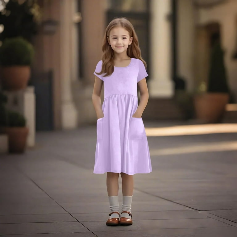 TQWQT Light Purple Dresses for Girls Summer Short Sleeve Plain