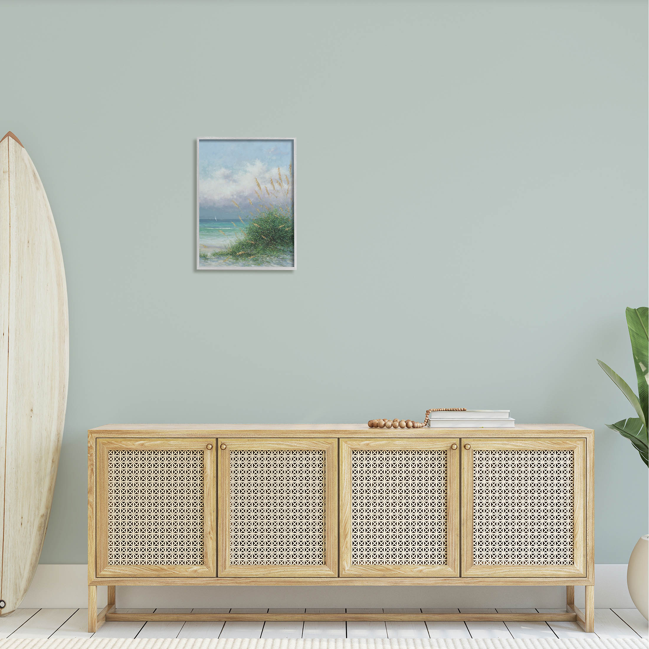 Ocean Waves Beach Reeds Coastal Painting Gray Framed Art Print Wall Art