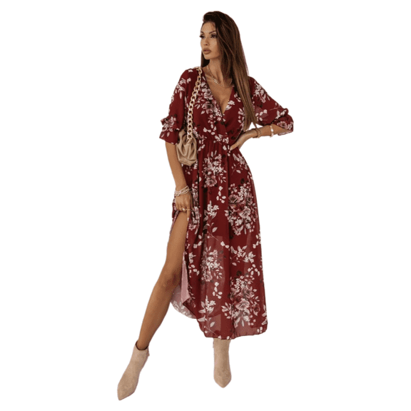 EASYBRA Women V Neck Floral Chiffon Midi Dress Side Slit Elegant Summer Casual Flowy Dress