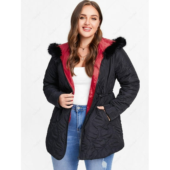 Rosegal Plus Size Faux Fur Panel Elastic Waisted Hooded Quilted Jacket