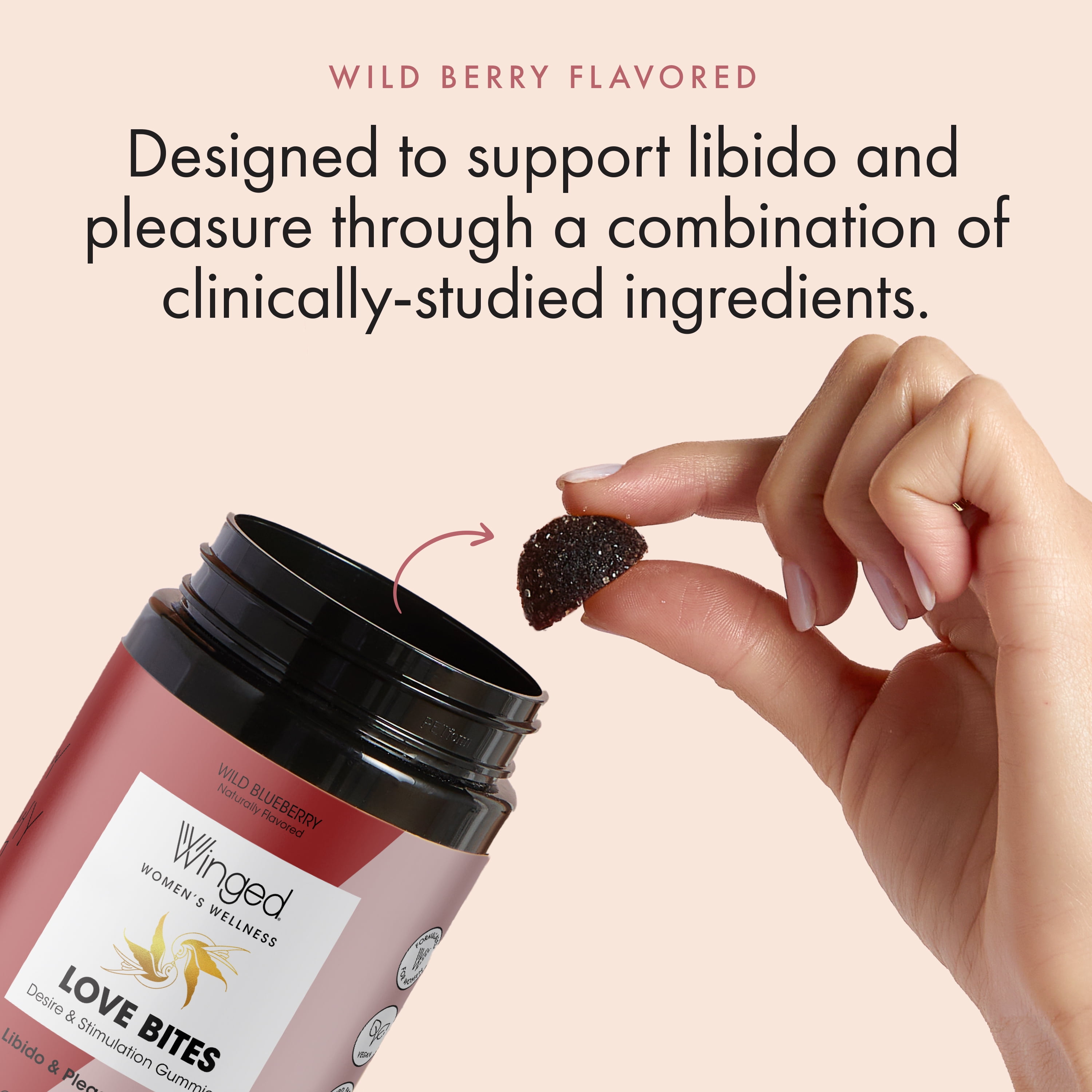 Winged Wellness Love Bites Libido and Pleasure Boosting Vegan Gummies, Women's Supplement, 25 Servings, 50ct