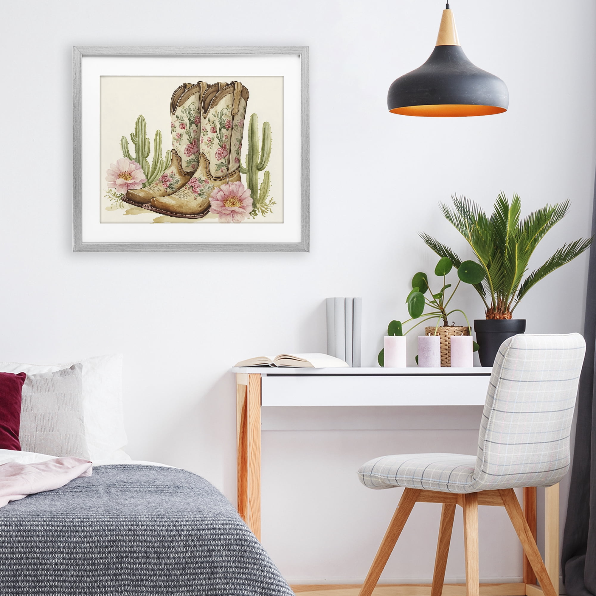 Stupell Industries Floral Boots & Cactuses Gray Framed Print Under Glass, design by Heidi Kuntz