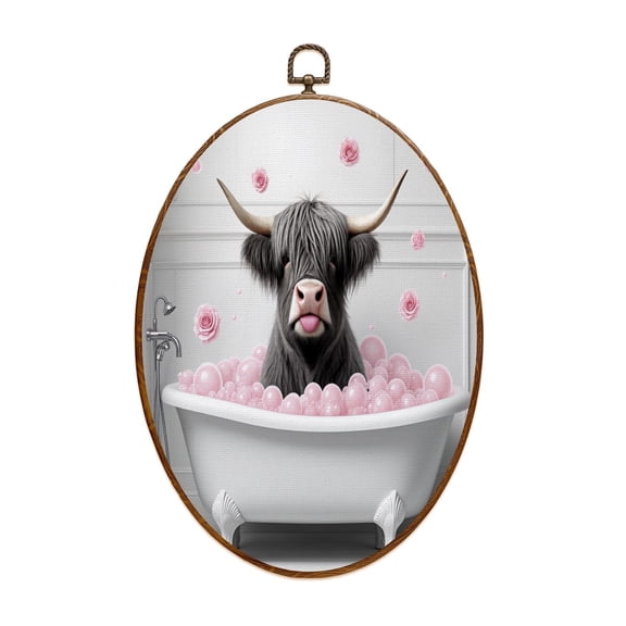 Animal Canvas Wall Art Highland Cow Black White Animals Farmhouse Cow Bathtub Pink Bubbles Bathtub Oval Framed Canvas Prints Vintage Wall Hanging Decor for Home Decorations 8.6"x11.4"