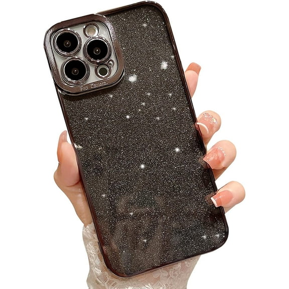 Compatible for iPhone 14 Pro Max Luxury Glitter Plating Clear Case, Cute Bling Sparkly Shiny Case for Women Girls Soft TPU Shockproof Camera Protective Back Cover Electroplated Case - Black