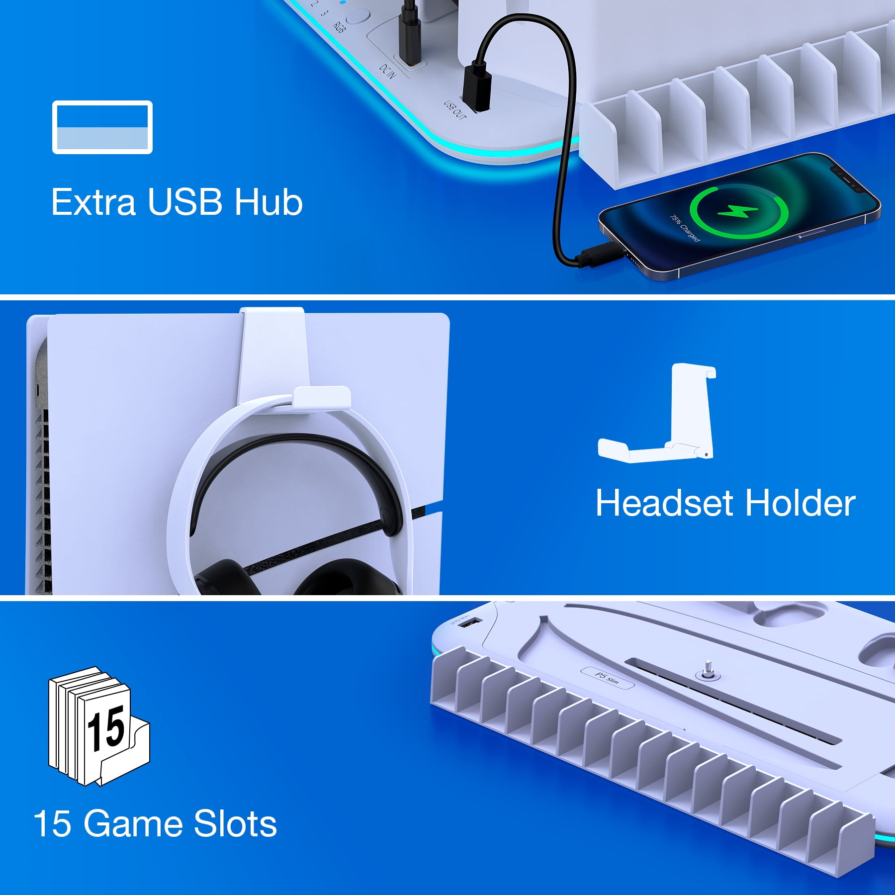 PS5 Stand with Cooling Station for PS5 Slim,QQV Dual Controller Charger for PS5 Digital & PS5 Disc Version,PS5 Accessories with RGB Light & Headset Holder