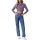 thumbnail image 2 of CHAQUETA DE DENIM CORTA LAVADA CON BOTONES Y DESGASTE PARA MUJERES INSPIRADA EN CHIC, MORADO, TAMAÑO S, 2 of 6