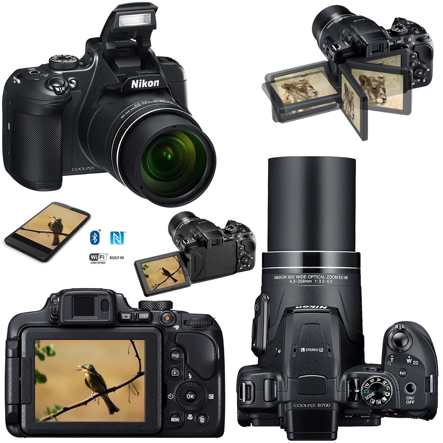 Nikon COOLPIX B700 20MP CMOS Wi-Fi, NFC Digital Camera with 60x Zoom & UHD  4K Video (Black) + EN-EL23 Battery + 8pc 16GB Accessory Kit w/ HeroFiber 