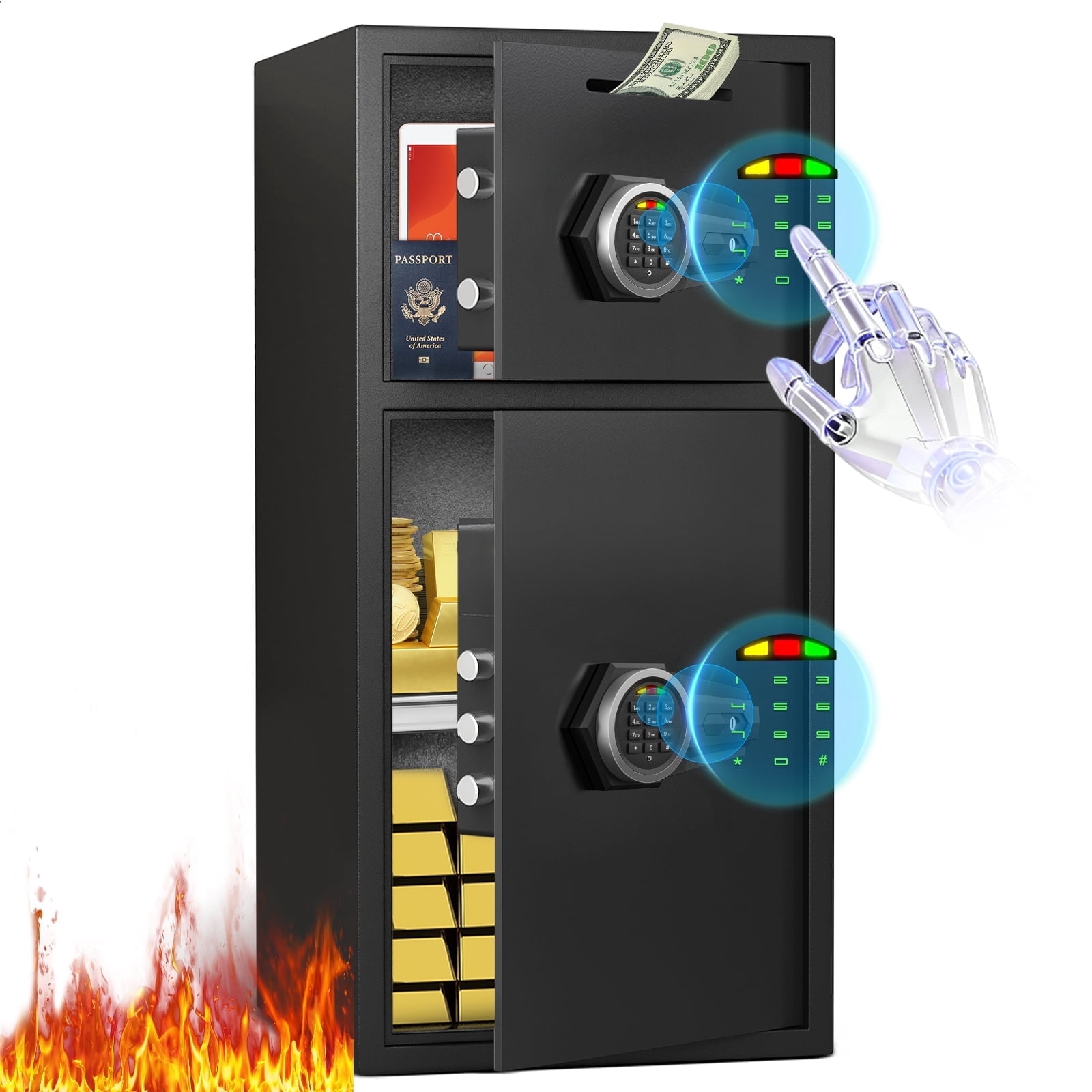 6.0 Cuft Large Safe Box with Drop Slot, Double Door Digital Security Safe Cabinet for Home Office Business, Dual Keypad Alloy Steel Cash Box with Inner LED Light, Mute Mode & 4 Emergency Keys