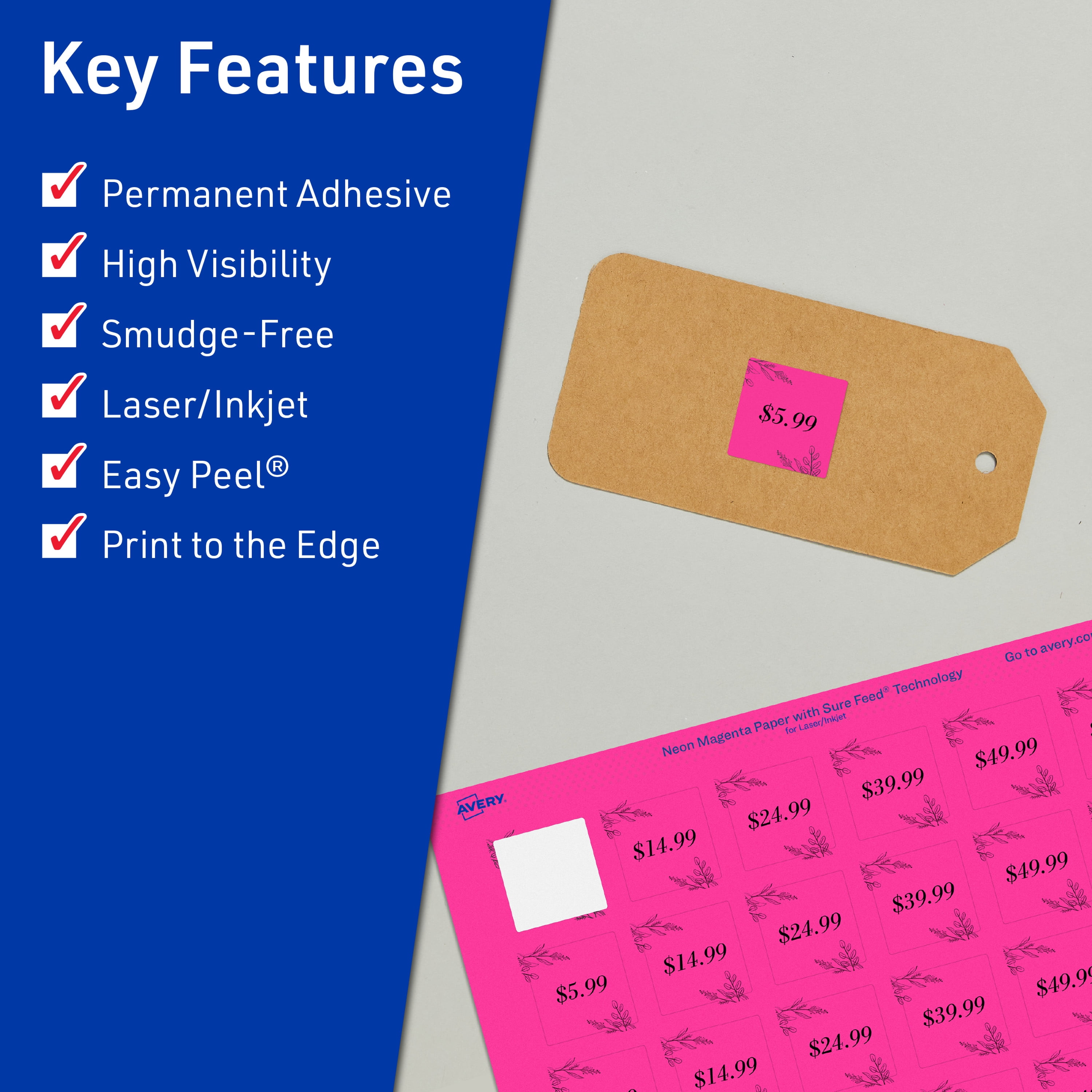 Avery Printable Square Labels, Neon Magenta, 1" x 1", 960ct