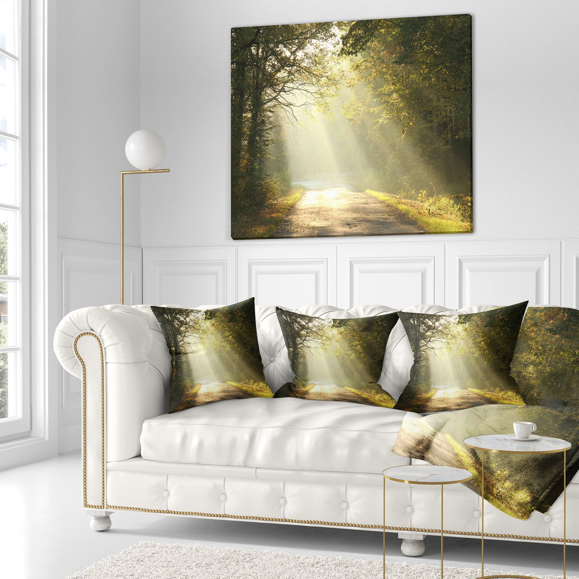 Designart Bright Sunbeams to Fall Forest - Landscape Photography Throw Pillow - 18x18