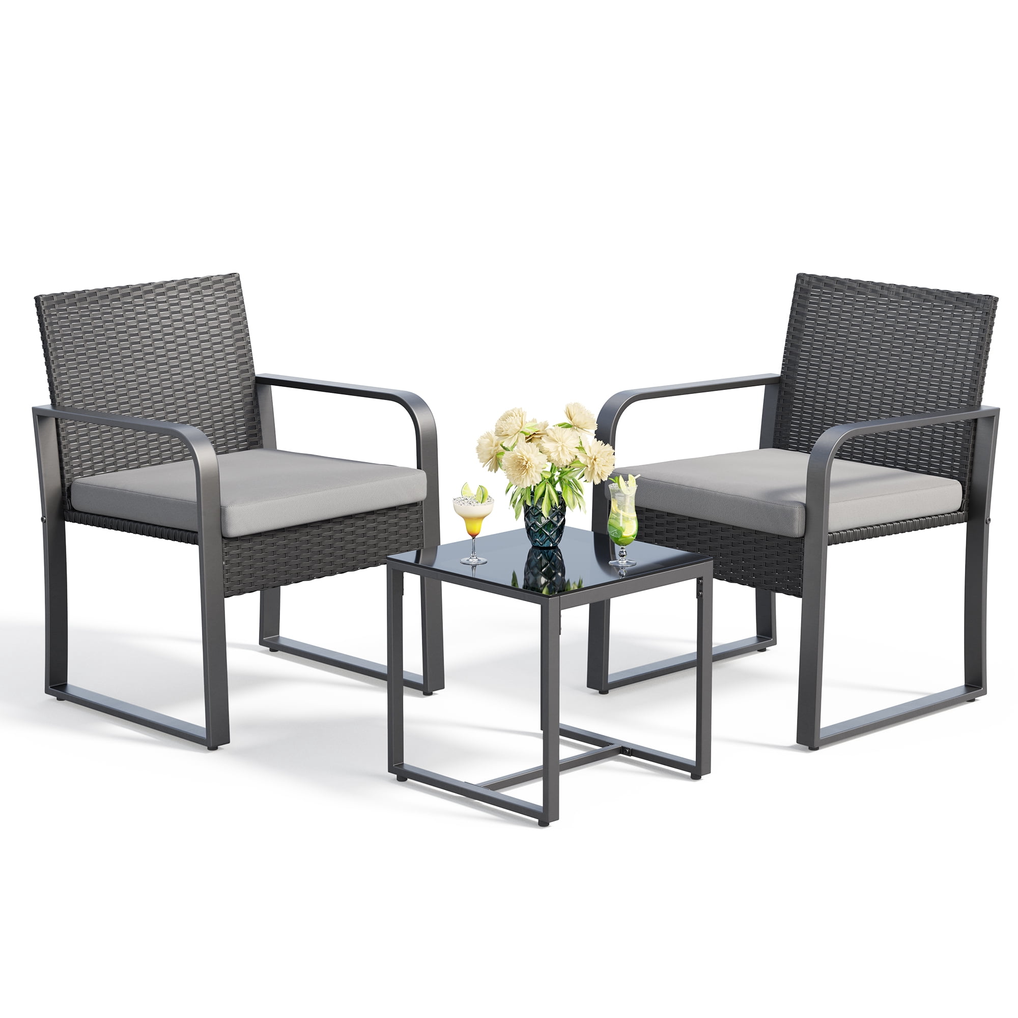 Small Patio Furniture Set, Lofka 3 Pieces Patio Set, All-weather Wicker Chairs and Glass Coffee Table with Grey Cushions, Gray