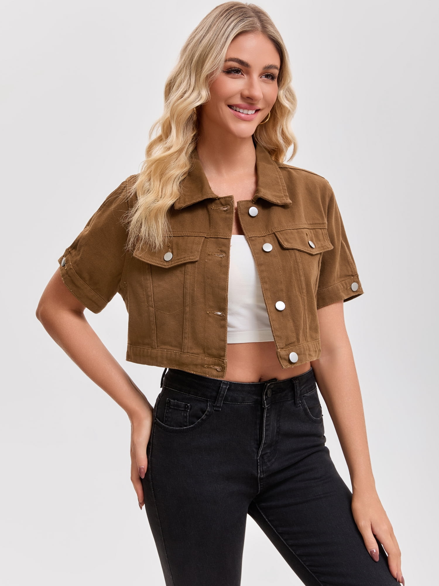 DARING DIVA Women's Short Sleeve Denim Rendy Casual Cropped Jean Jacket L Dark Brown