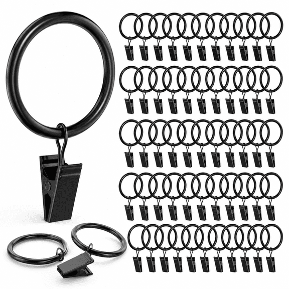 50 Pack Black Curtain Rings with Clips,Curtain Hooks for Hanging,Heavy Duty Drapery Rings,Polish Rustproof Curtain Clips Hangers for Drapes,2" Interior Diameter,Fits up to 1.25" Rods