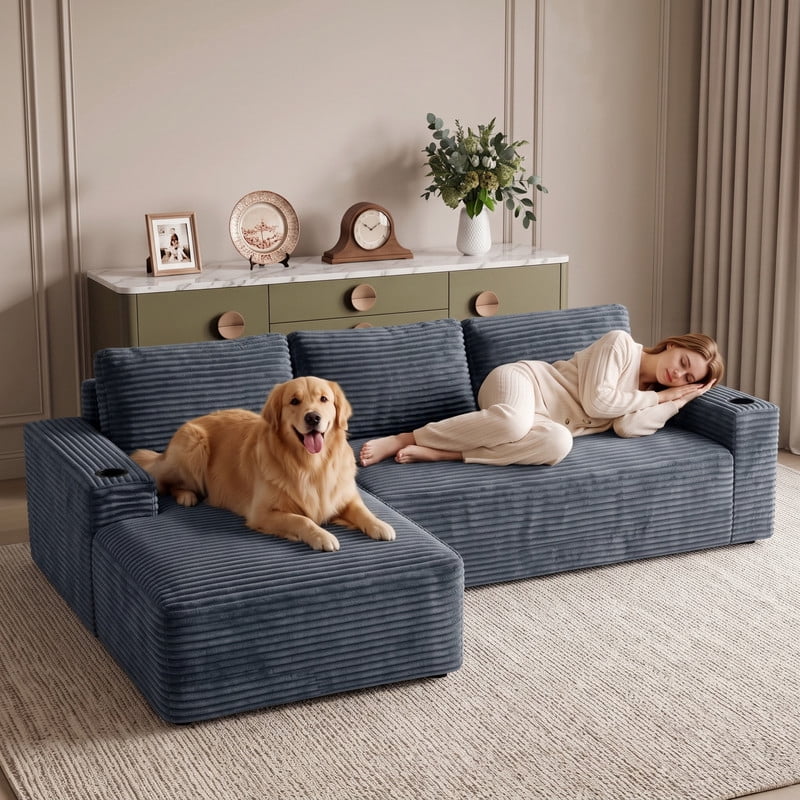 Anpport 104" Boneless Cloud Modular Sectional Couch, Corduroy Sofa with Cup Holders, Side Pockets, Deep Seat, No Assembly Required for Living Room, Gray (L‑Shaped, Left Facing Chaise)