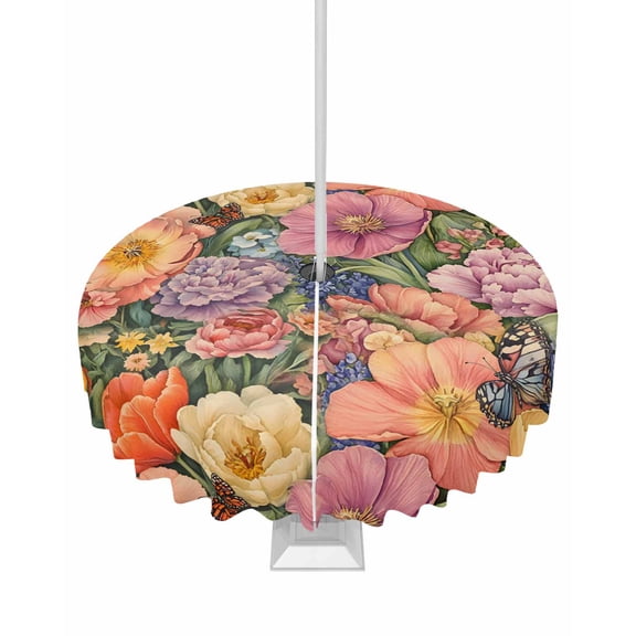 nqOlkjepod Pink Spring Floral Outdoor Tablecloth with Umbrella Hole & Zipper, Tulip Pastoral Flowers Watercolor Round Table Cover 60 Inch, Dining Waterproof Table Cloth Protector for Patio/Party
