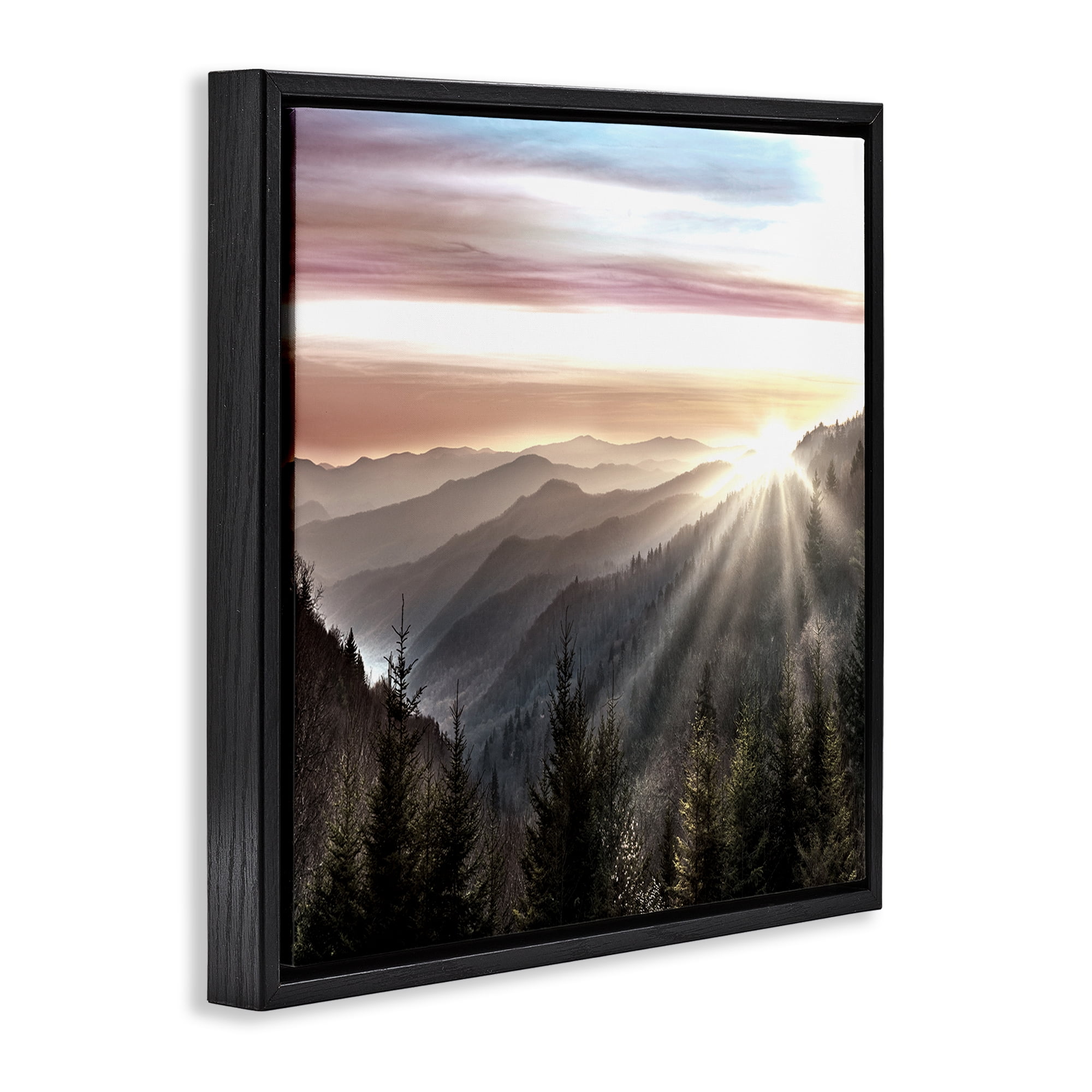 Stupell Industries Sun Rays Through Peaks Landscape & Nature Painting Black Floater Framed Canvas Art Print Wall Art, 18 x 18
