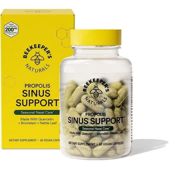 Beekeeper's Naturals All Natural Sinus Support for Adults, Seasonal Nasal Care Relief with Propolis, Quercetin, Bromelain, Nettle Leaf, & Vegan Capsule, Blocks or Suppresses Histamine, 60 ct