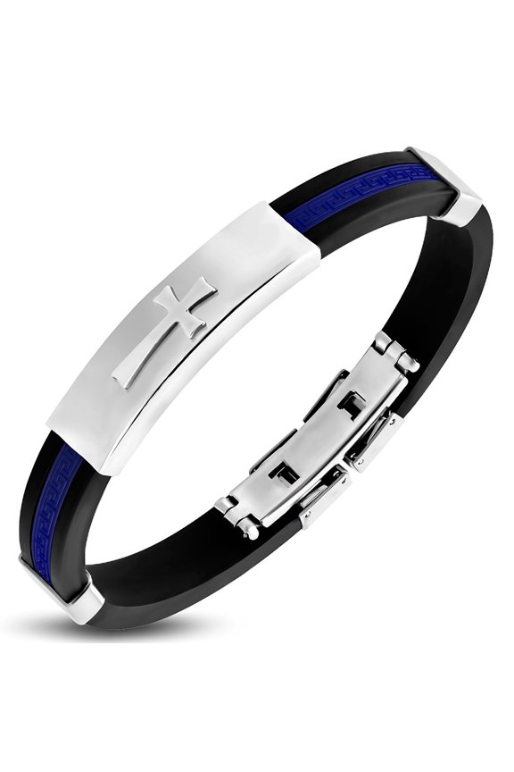 Stainless Steel Black Rubber Greek Key Cross Mens Bracelet, 8"