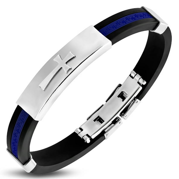 My Daily Styles Stainless Steel Black Rubber Greek Key Cross Mens