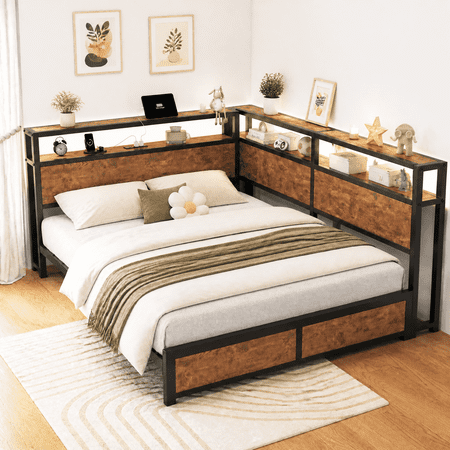 Queen Size Corner Bed Frame with Bookcase Storage and Led Lights, Metal Platform Daybed Bed Frame with Headboard and Charging Station for Living Room Bedroom,Black