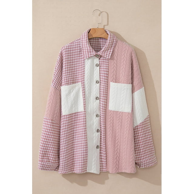 I AM A FASHION JUNKY Pink Houndstooth Color Contrast Textured Patchwork Loose Shacket (Pink, 2XL, 100%Polyester)