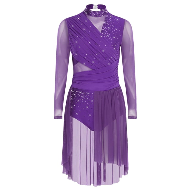 CHICTRY Robe de Danse Lyrique pour Femme, Froncée, Dos Nu, Robes de Patinage Artistique, Robe de Danse Moderne, Violet G