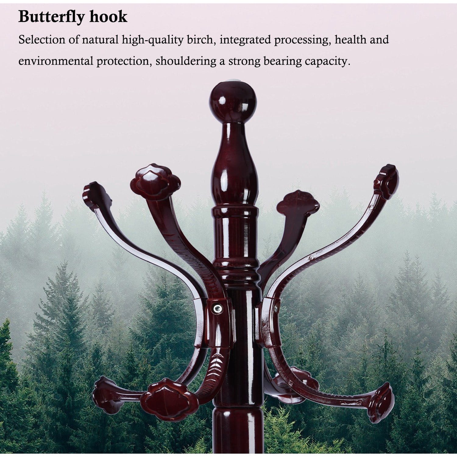 Freestanding Wooden Coat Rack, Natural Birch Wood Coat Tree with 14 Hooks, Sturdy Hall Tree for Entryway & Office
