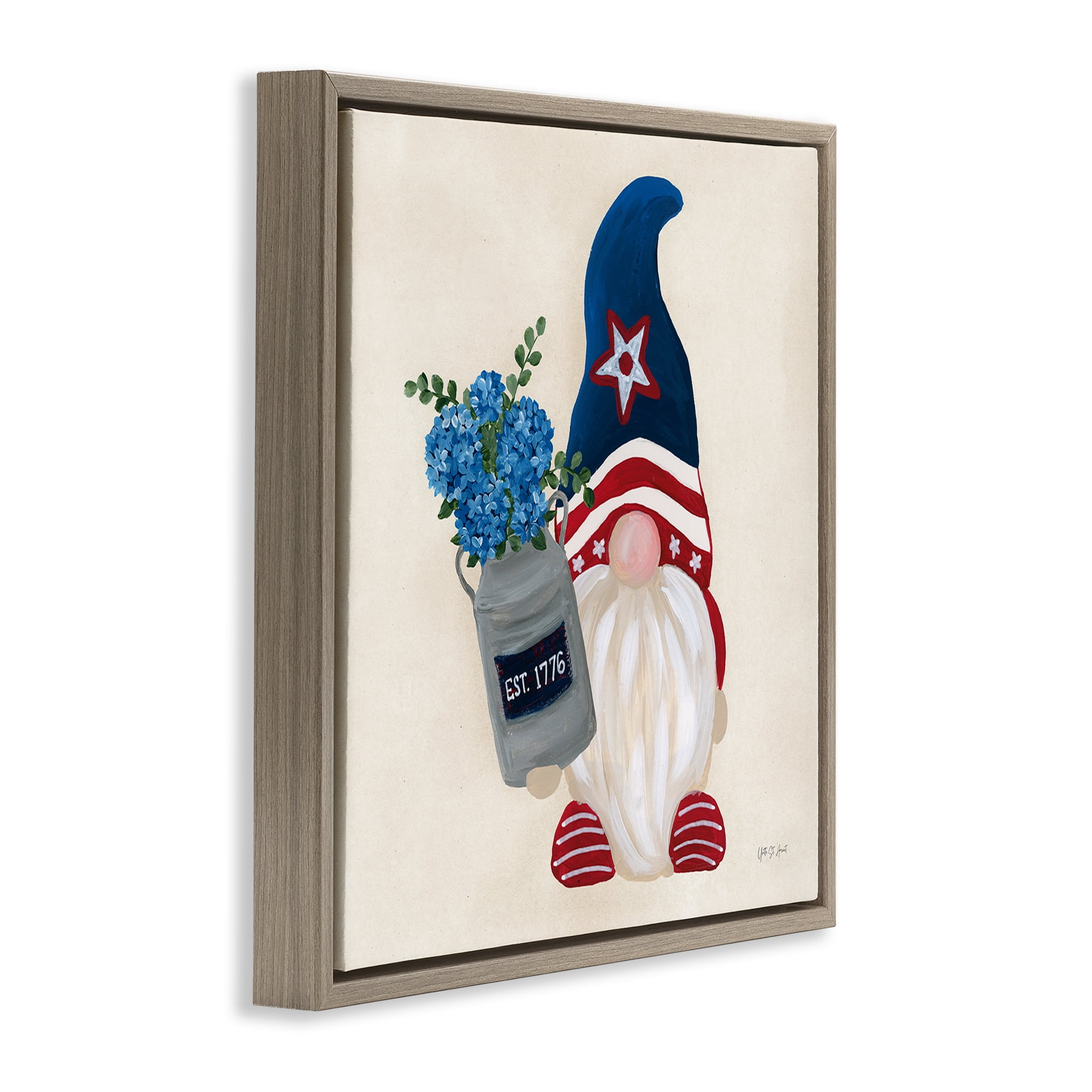 Stupell Industries Gnome & Americana Bouquet Patriotic Painting Brown Floater Framed Canvas Art Print Wall Art, 25 x 25