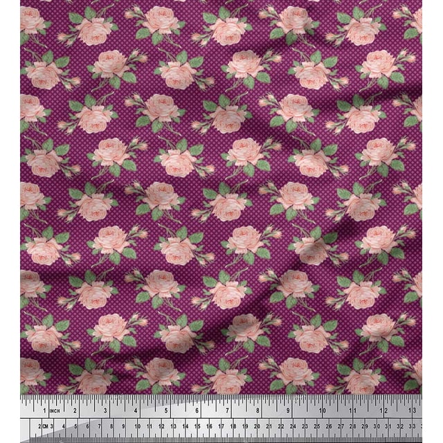 Soimoi Polyester Crepe Fabric Check,Leaves & Rose Floral Printed Craft Fabric by The Yard 52 Inch Wide