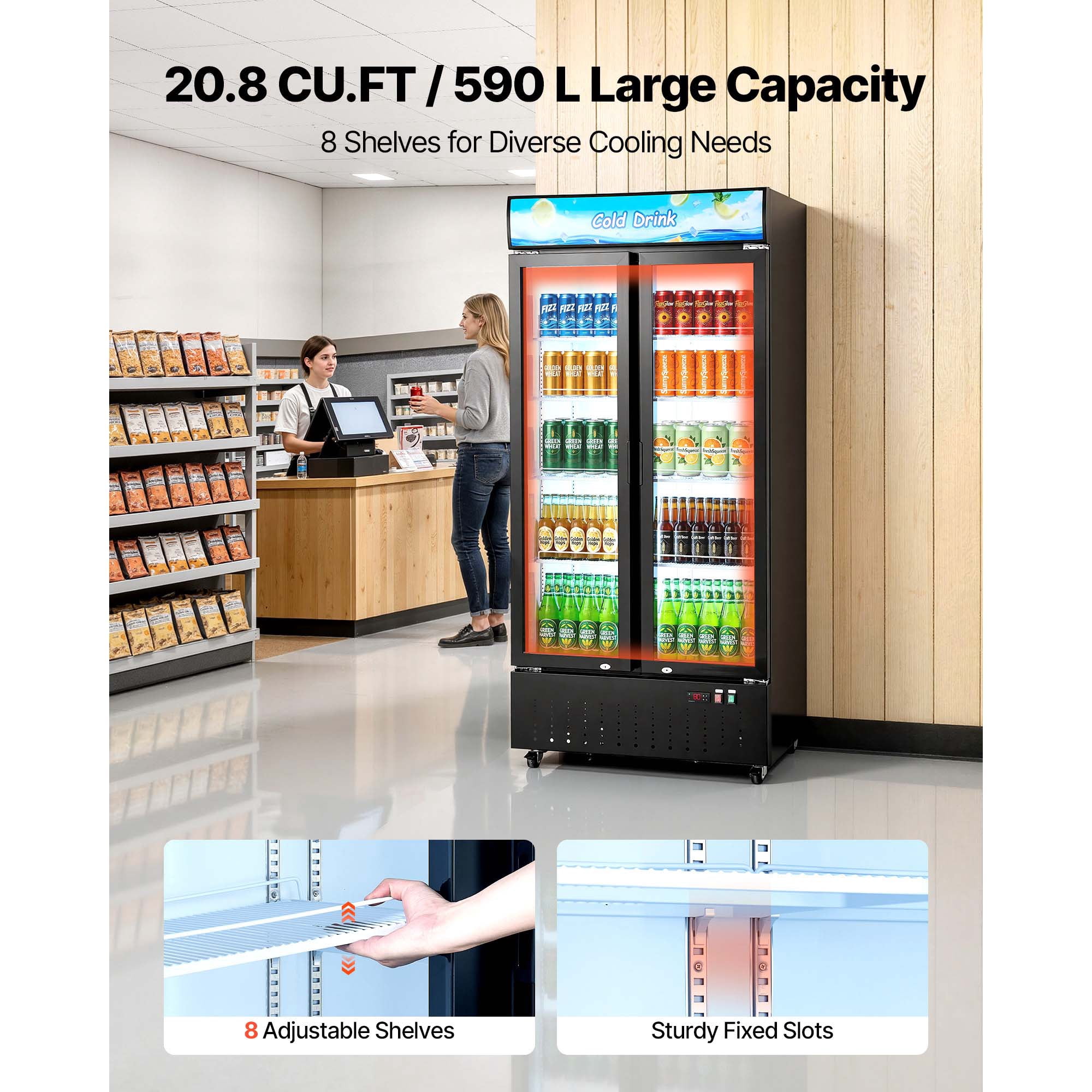 KFFKFF Commercial Merchandiser Refrigerator, 20.8 Cu.Ft / 590L Beverage Display Cooler, Double Glass Door with Customizable Lightbox, 8 Adjustable Shelves, LED Lighting & Casters