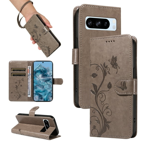 Allytech for Google Pixel 6 Case with Cards Holder, Premium PU Leather Flip Cover Stand Hand Wrist Shockproof Butterfly Floral Embossed Wallet Case for Google Pixel 6 - Gray
