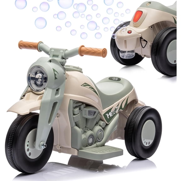 6V Electric Motorcycle Ride-On with Automatic Bubble Machine, Foot Pedal, Headlight, Music, Horn, 3 Anti-Skid Wheels, for Ages 3 ,Beige