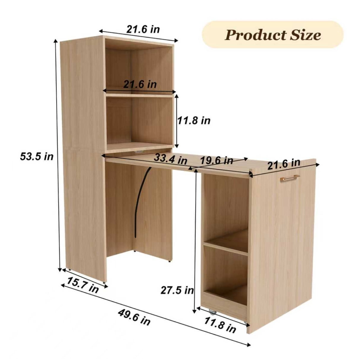 Mobile Folding Desk with Storage Shelves, Rolling Stretchable Office Desk with Wheels, Expandable Computer Table for Small Apartments and Offices, Natural