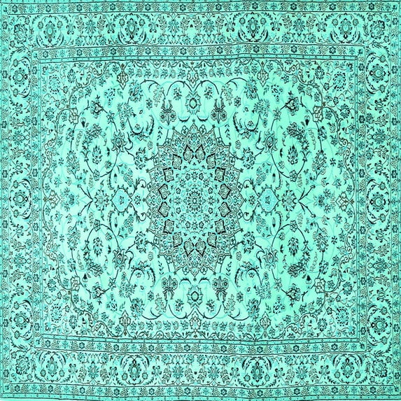 Ahgly Company Machine Washable Indoor Square Medallion Turquoise Blue Traditional Area Rugs, 5' Square