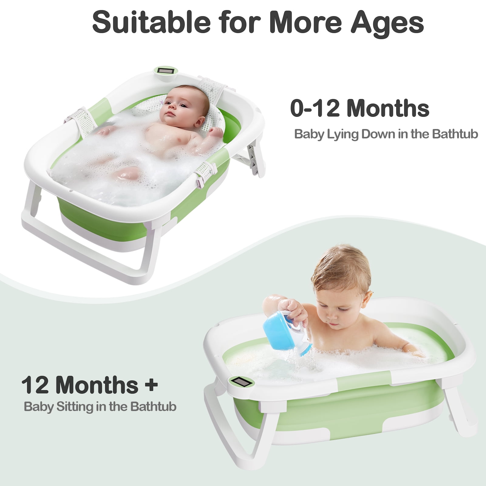 Aprpink Foldable Baby Bathtub PP+TPE with Soft Bath Net&Thermometer for 0-36 Months Toddler Green