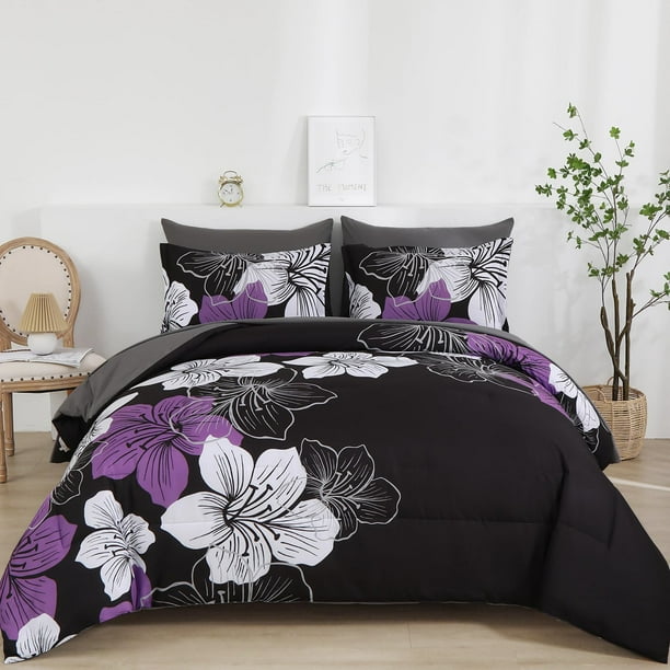 Juego de edredón Luxudecor Floral Queen, tamaño queen, 7 piezas, morado