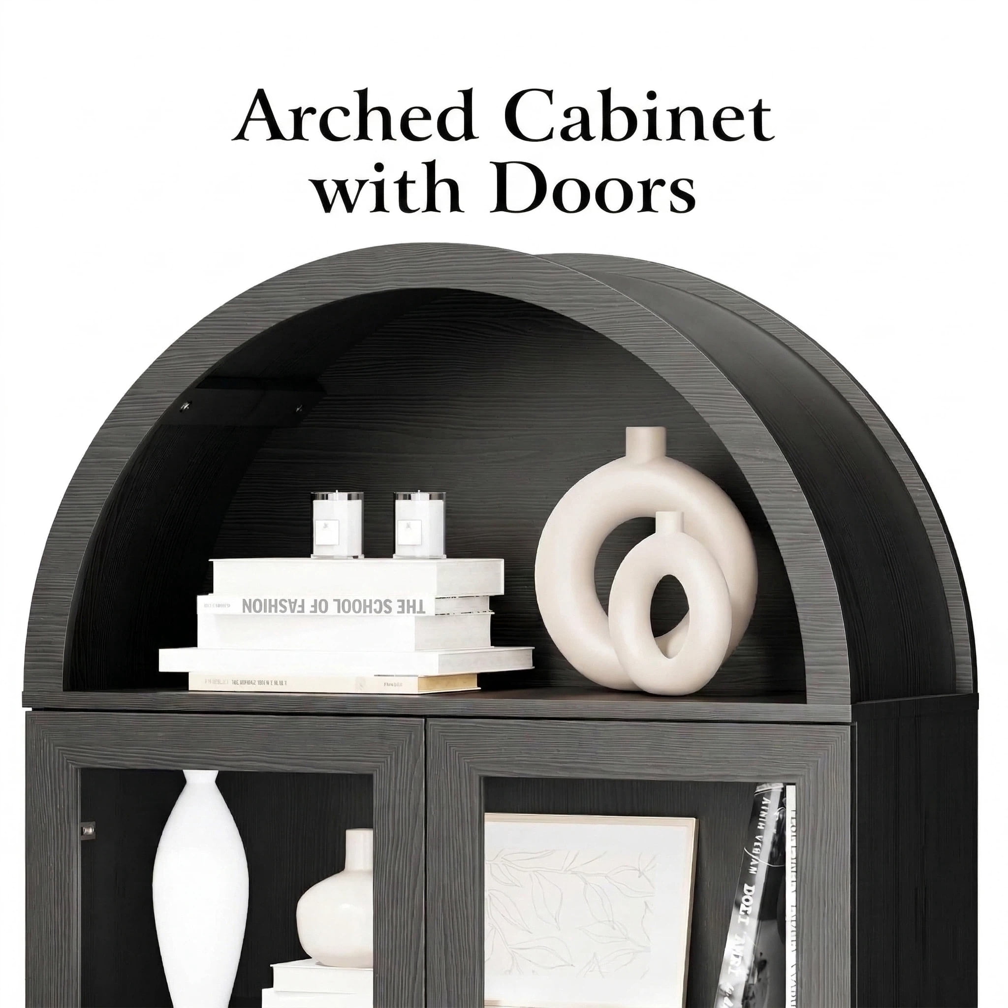 Aisword 71" Tall Arched Bookcases, 5-Tier Modern Farmhouse Bookshelf with Adjustable Shelves & Sliding Doors, Wood Display Storage Cabinet for Living Room, Office, Black Withdoors