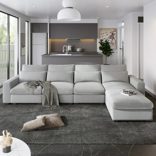 Holaki 5 Seat Large L-Shape Feather Filled Sectional Sofa, Convertible Sofa Couch with Reversible Chaise for Living Room, Light Gray
