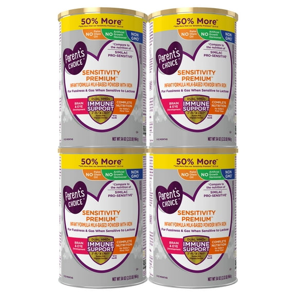 Parent's Choice Sensitivity Plus Baby Formula Powder, 34oz Can, 4 Pack, 99% Reduced Lactose, Dual HMOs