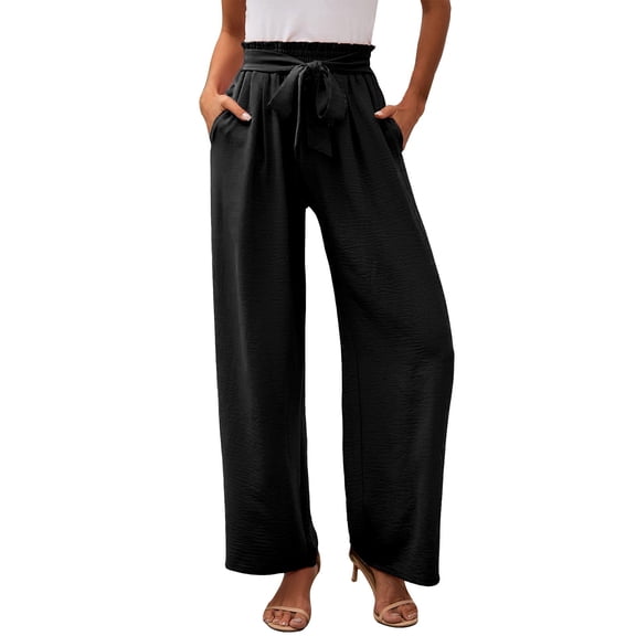 Lisingtool Casual Pants for Women Trendy Women's Wide Leg Pants Lightweiht Adjustable Waist Bow Tie Loose Comfortable Casual Trousers With Pocket Black