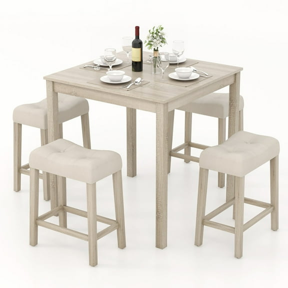 Spaco 5 Pieces Bar Table Set with Square Table and 4 Padded Stools, Dining Room Set for Indoor as Home, Gray